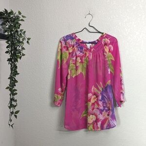 Chico's Gauze Pink Floral Top Blouse 3/4 Sleeve Semi-Sheer Lightweight Sequin L